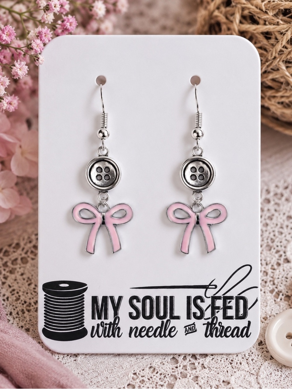 New Handmade Silver-Tone Button and Pink Bow Charm Dangle Earrings